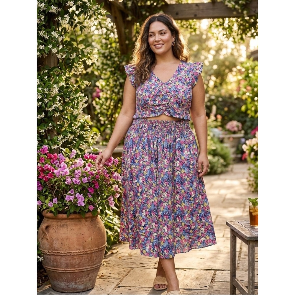 Purple Floral 2-Piece Matching Set | Ruffle V-Neck Crop Top & Midi Skirt 2XL